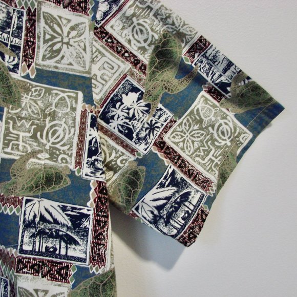 Hawaiian Short Sleeve Shirt Turtles Palm Trees Blue Green Made in Hawaii Size XL - Picture 9 of 12